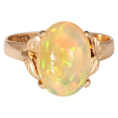 Ethiopian Fire Opal Ring Vintage 14 Karat Yellow Gold Oval Leaf Jewelry Estate