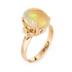 Ethiopian Fire Opal Ring Vintage 14 Karat Yellow Gold Oval Leaf Jewelry Estate