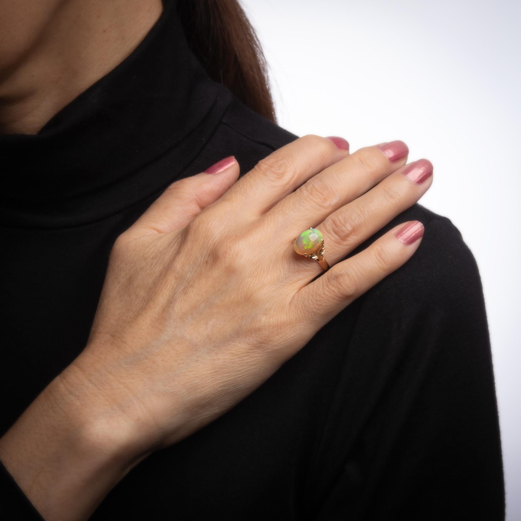 Modern Ethiopian Fire Opal Ring Vintage 14 Karat Yellow Gold Oval Leaf Jewelry Estate