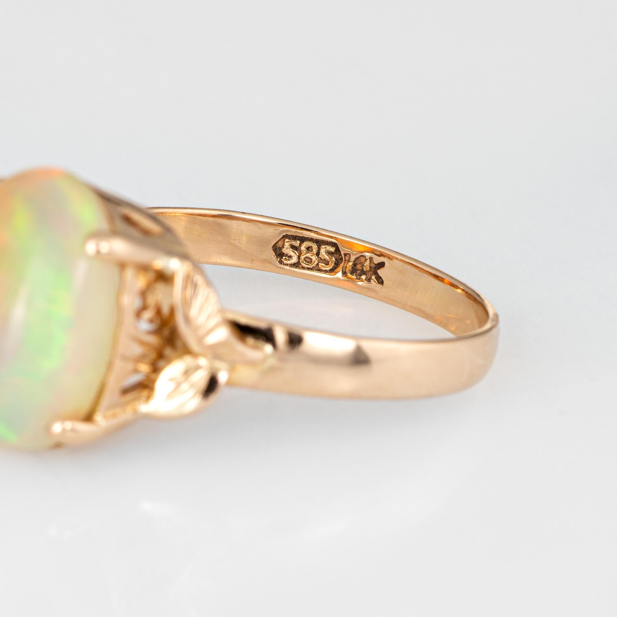 Cabochon Ethiopian Fire Opal Ring Vintage 14 Karat Yellow Gold Oval Leaf Jewelry Estate