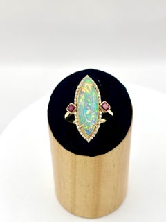 Ethiopian Opal 5.66ct Diamond Ruby Cocktail Ring in 14k Gold, UK