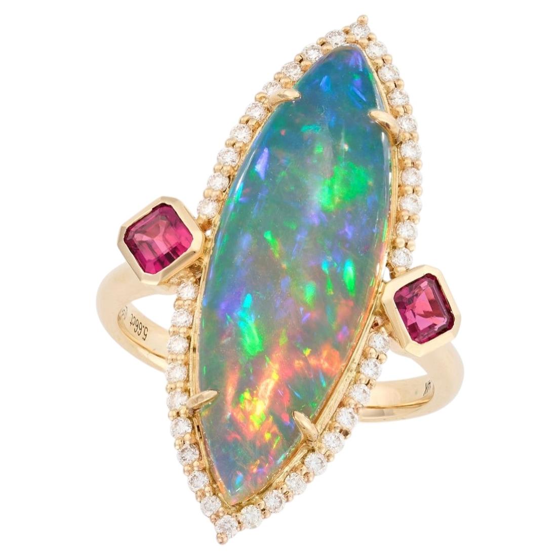 Ethiopian Opal 5.66ct Diamond Ruby Cocktail Ring in 14k Gold, UK For Sale