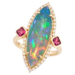 Ethiopian Opal 5.66ct Diamond Ruby Cocktail Ring in 14k Gold, UK