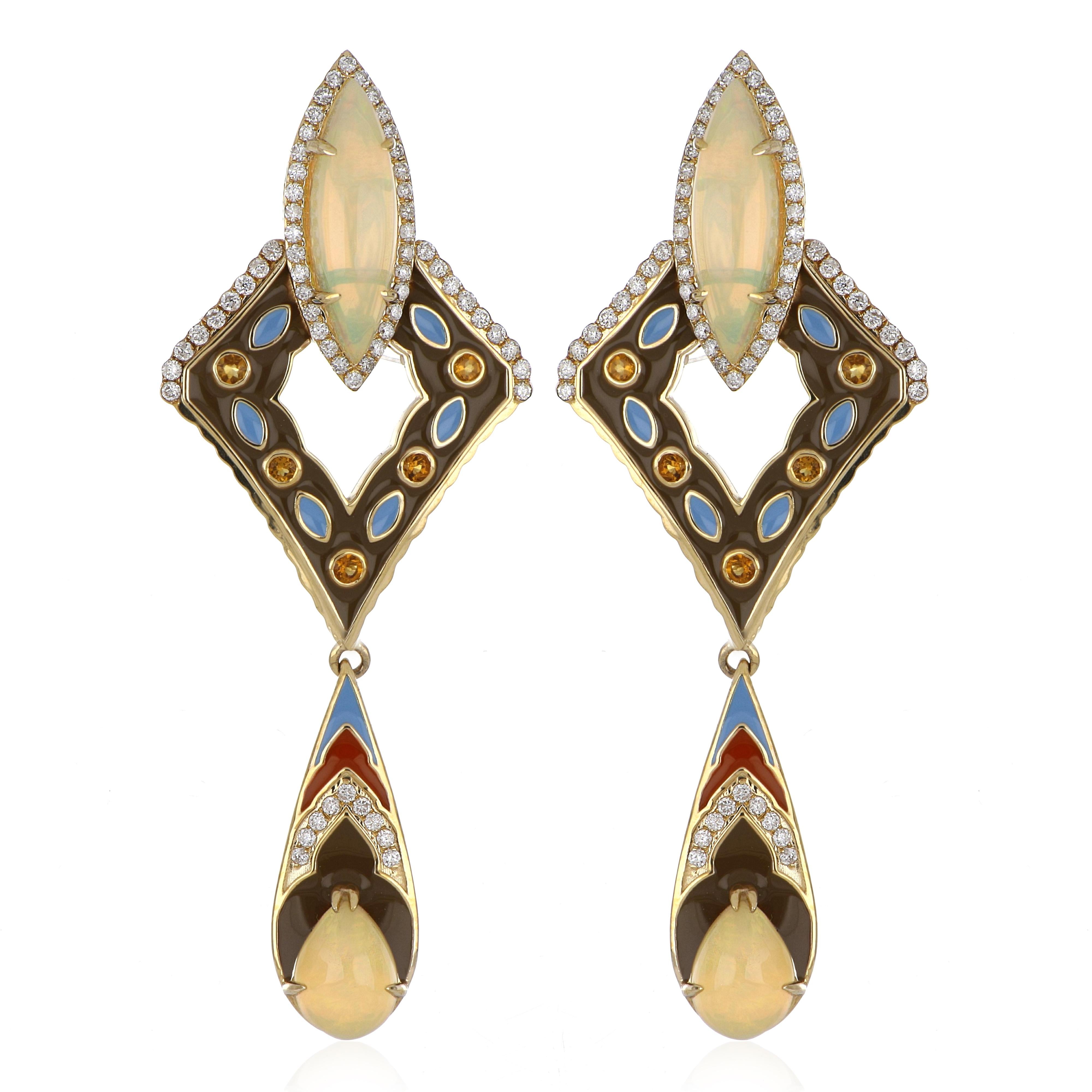 Ethiopian Opal and Citrine Studded Enamel Earrings in 14 Karat Gold For Sale 3