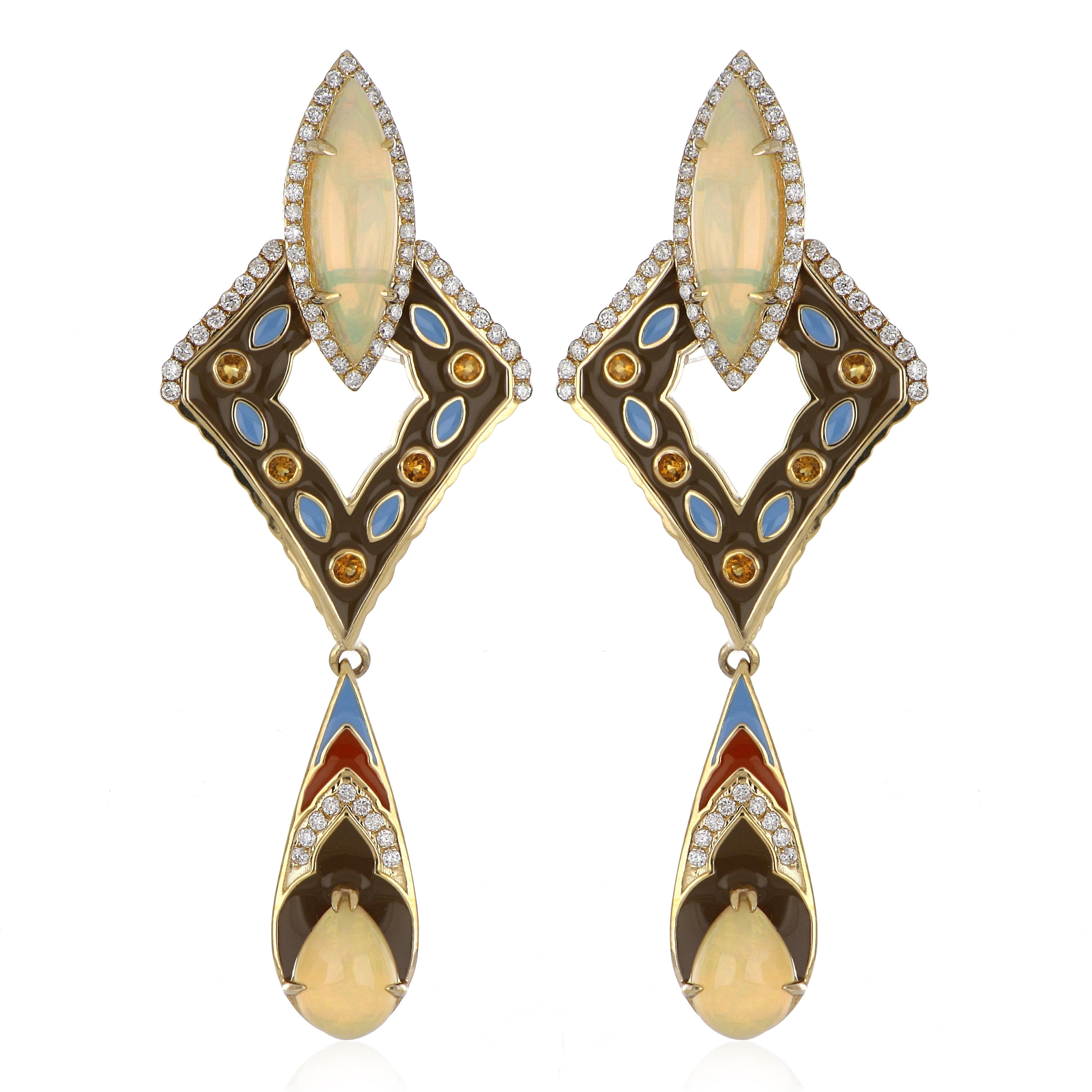 Elegant and exquisite Multi Color Enamel Cocktail 14 K Earring, set with  3.90 Cts. (Total) Cabochon Pear & Fancy Marquise Ethiopian Opal, Surrounded with 0.26 Cts Citrine accented with Diamonds, weighing approx. 0.69 Cts. Beautifully Hand crafted