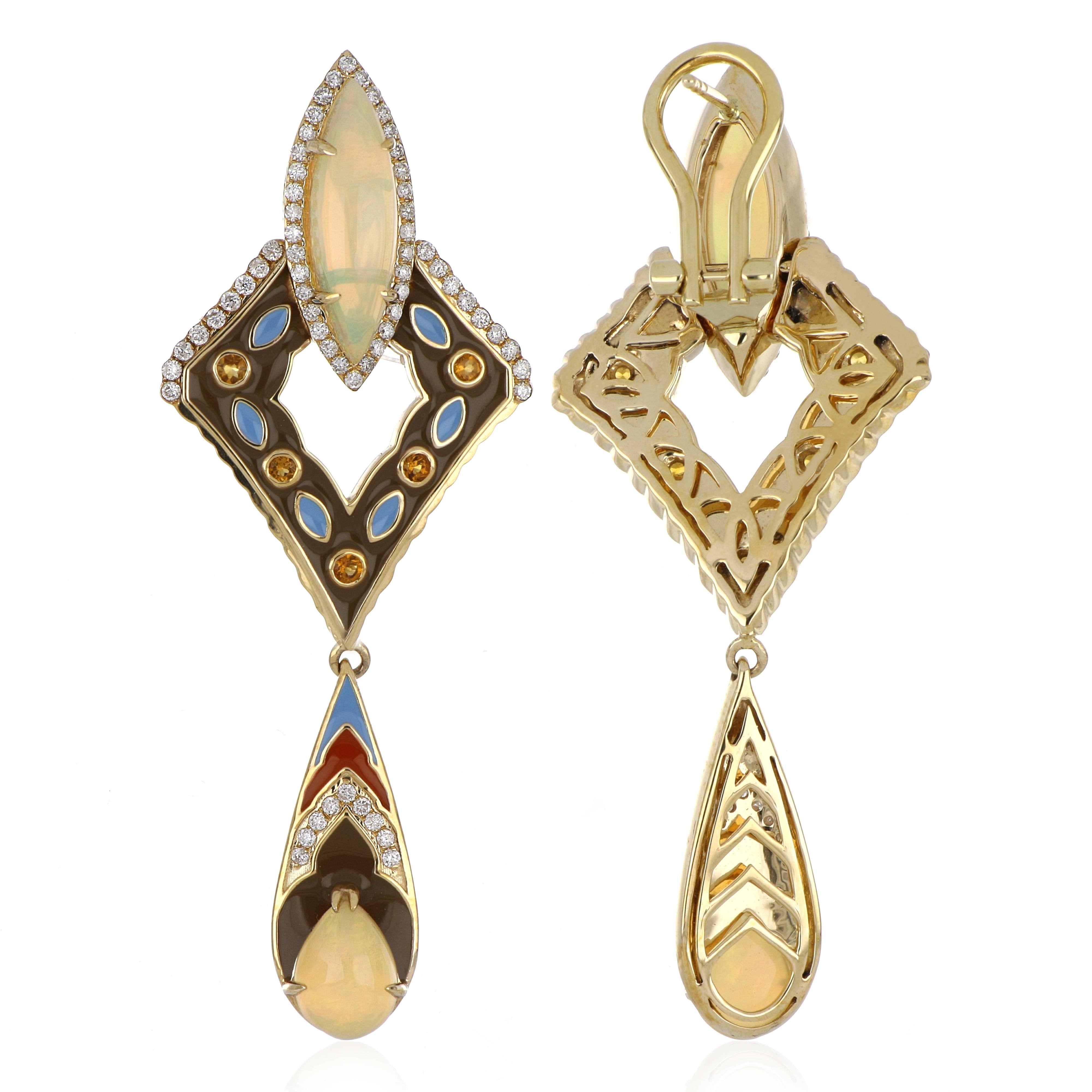 Contemporary Ethiopian Opal and Citrine Studded Enamel Earrings in 14 Karat Gold For Sale