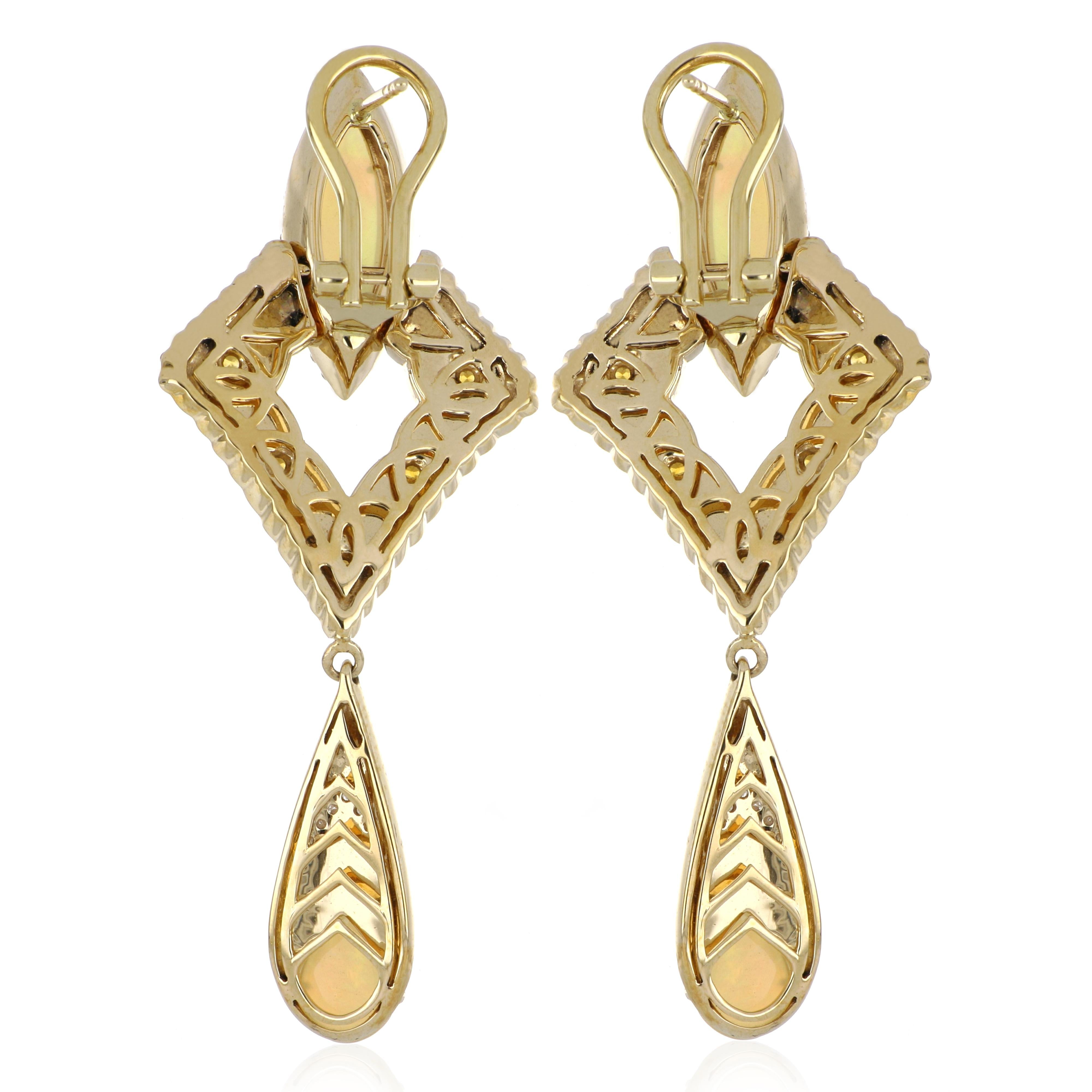 Pear Cut Ethiopian Opal and Citrine Studded Enamel Earrings in 14 Karat Gold For Sale