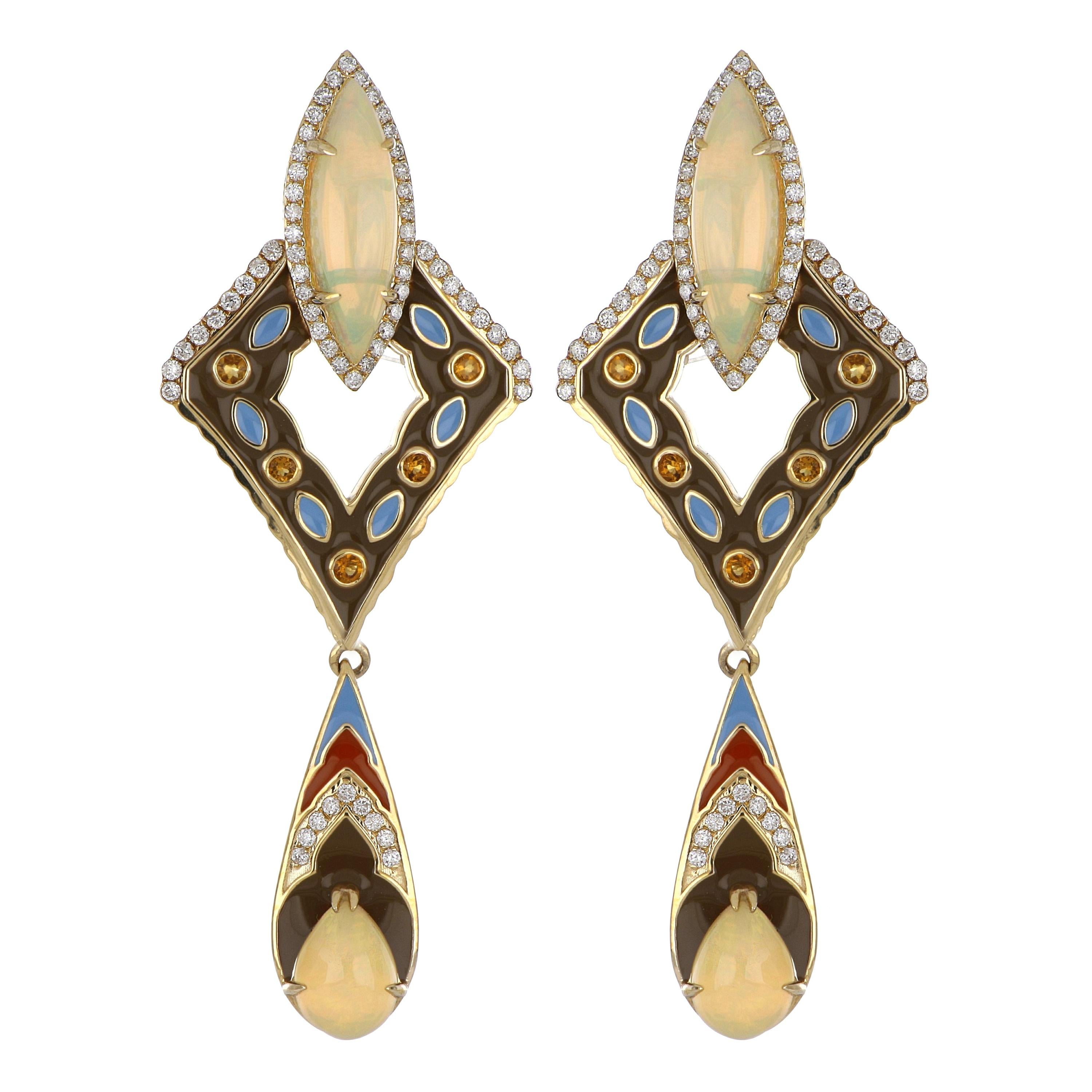 Ethiopian Opal and Citrine Studded Enamel Earrings in 14 Karat Gold For Sale