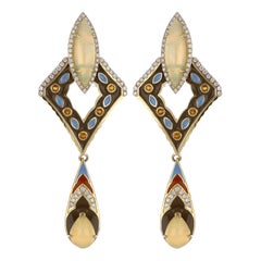 Boucles d'oreilles éthiopiennes en or 14 carats avec opale et émail clouté de citrine