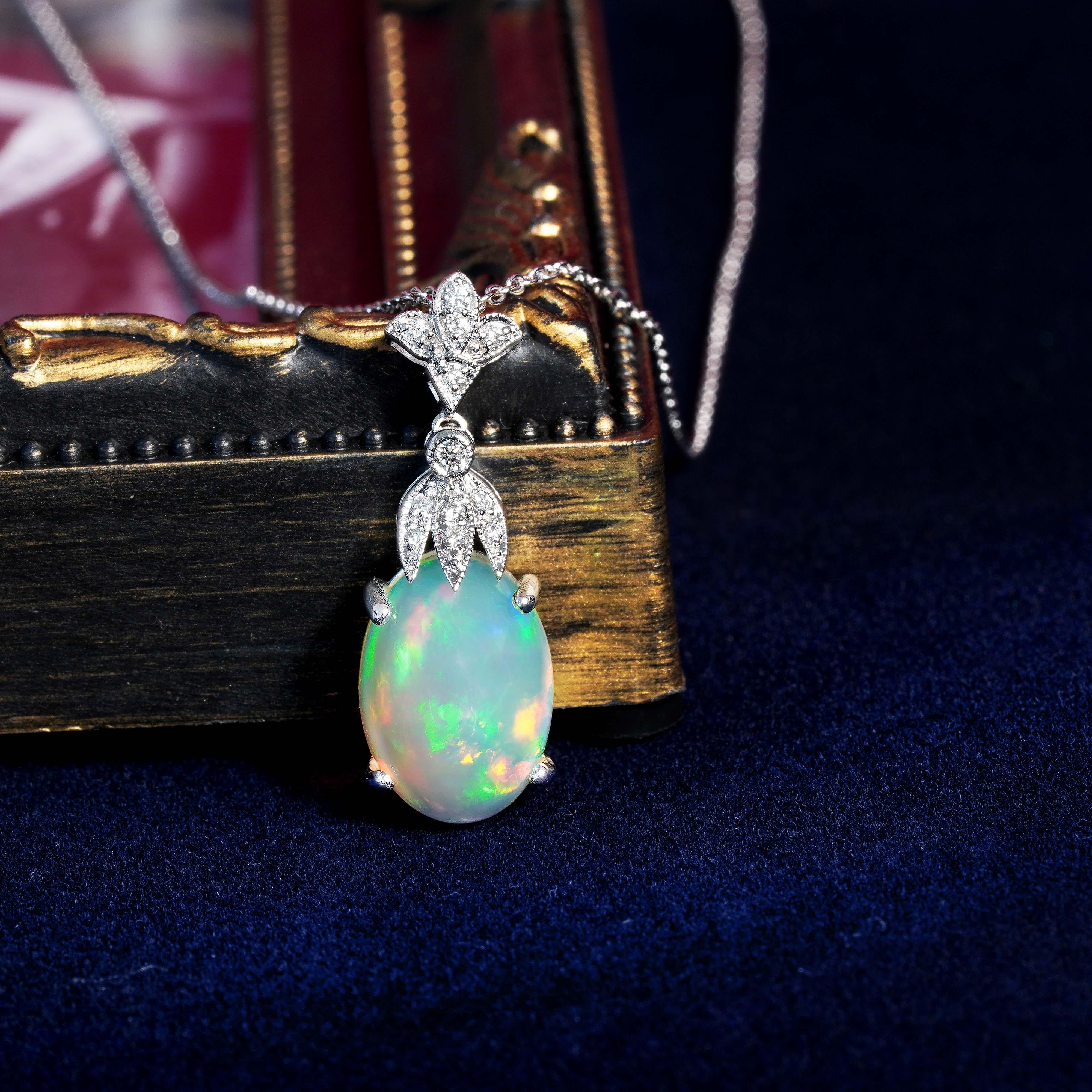 Oval Cut Ethiopian Opal and Diamond Art Deco Style Necklace in 18K White Gold For Sale