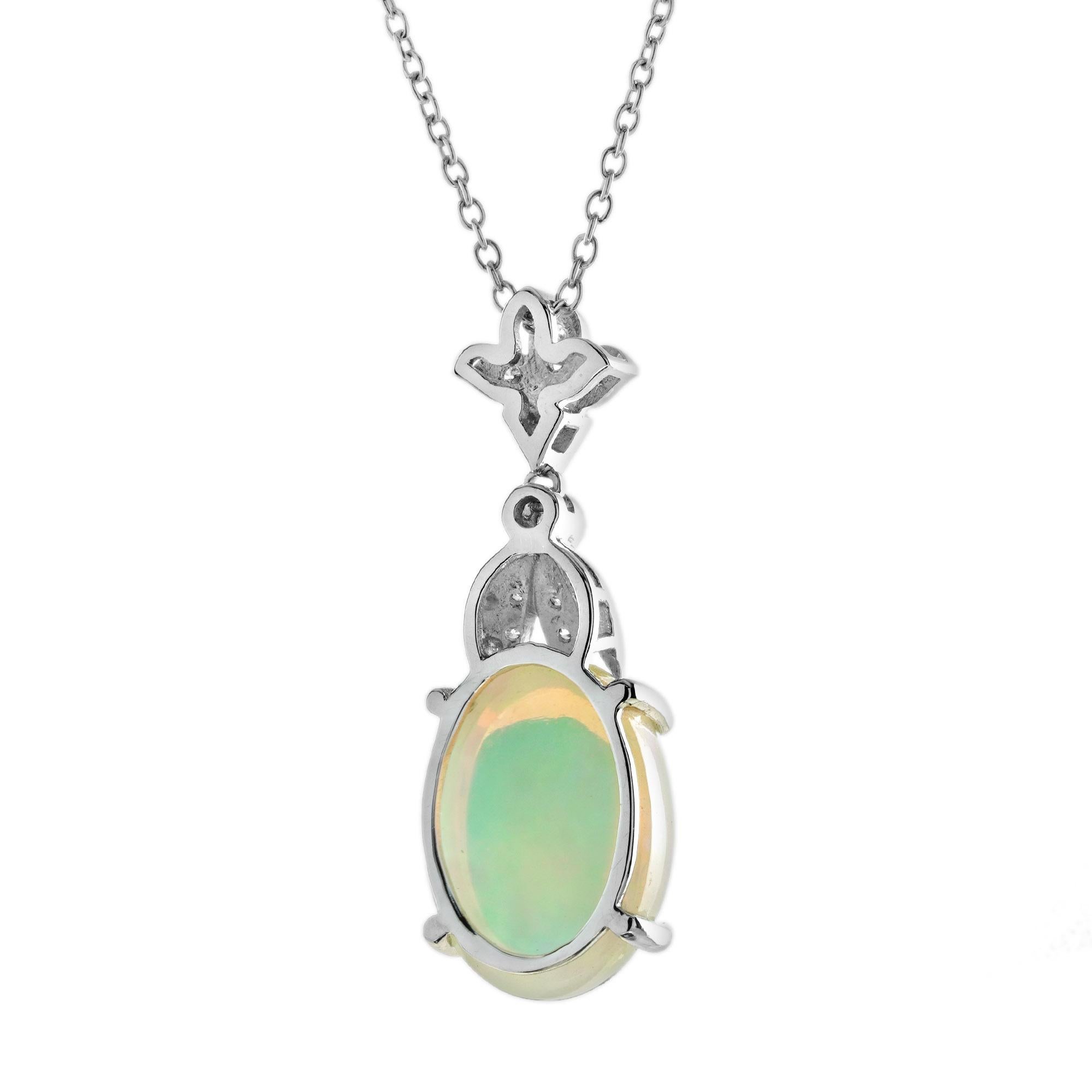 Ethiopian Opal and Diamond Art Deco Style Necklace in 18K White Gold (Art déco) im Angebot