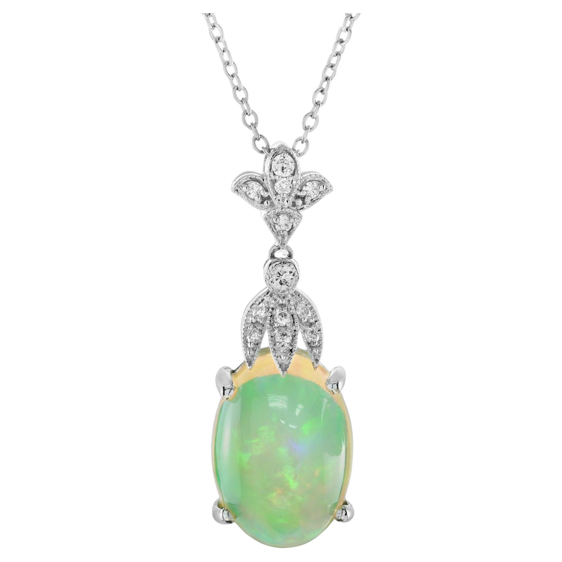Ethiopian Opal and Diamond Art Deco Style Necklace in 18K White Gold