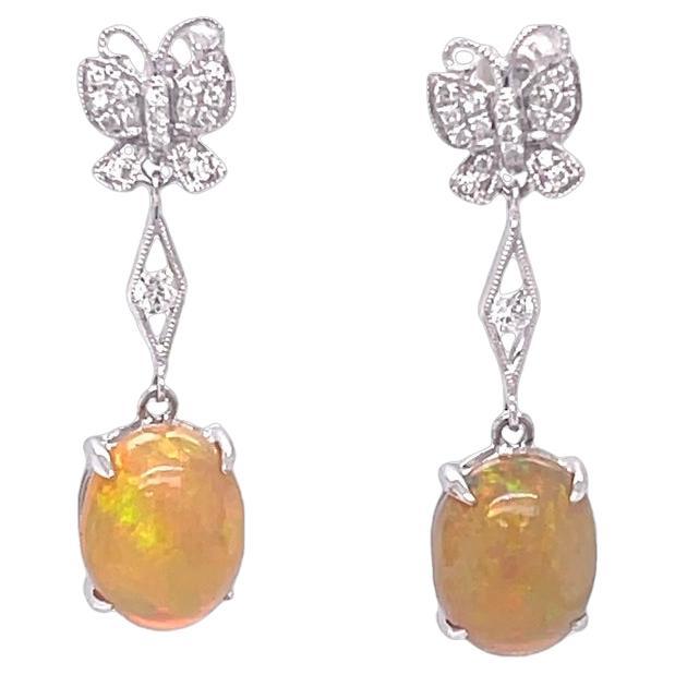 Ethiopian Opal and Diamond Dangling Earrings in 14KW Gold