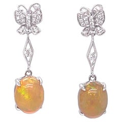 Ethiopian Opal and Diamond Dangling Earrings in 14KW Gold