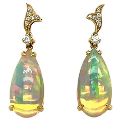 Boucles d'oreilles pendantes éthiopiennes en or 14 carats, opale et diamant 