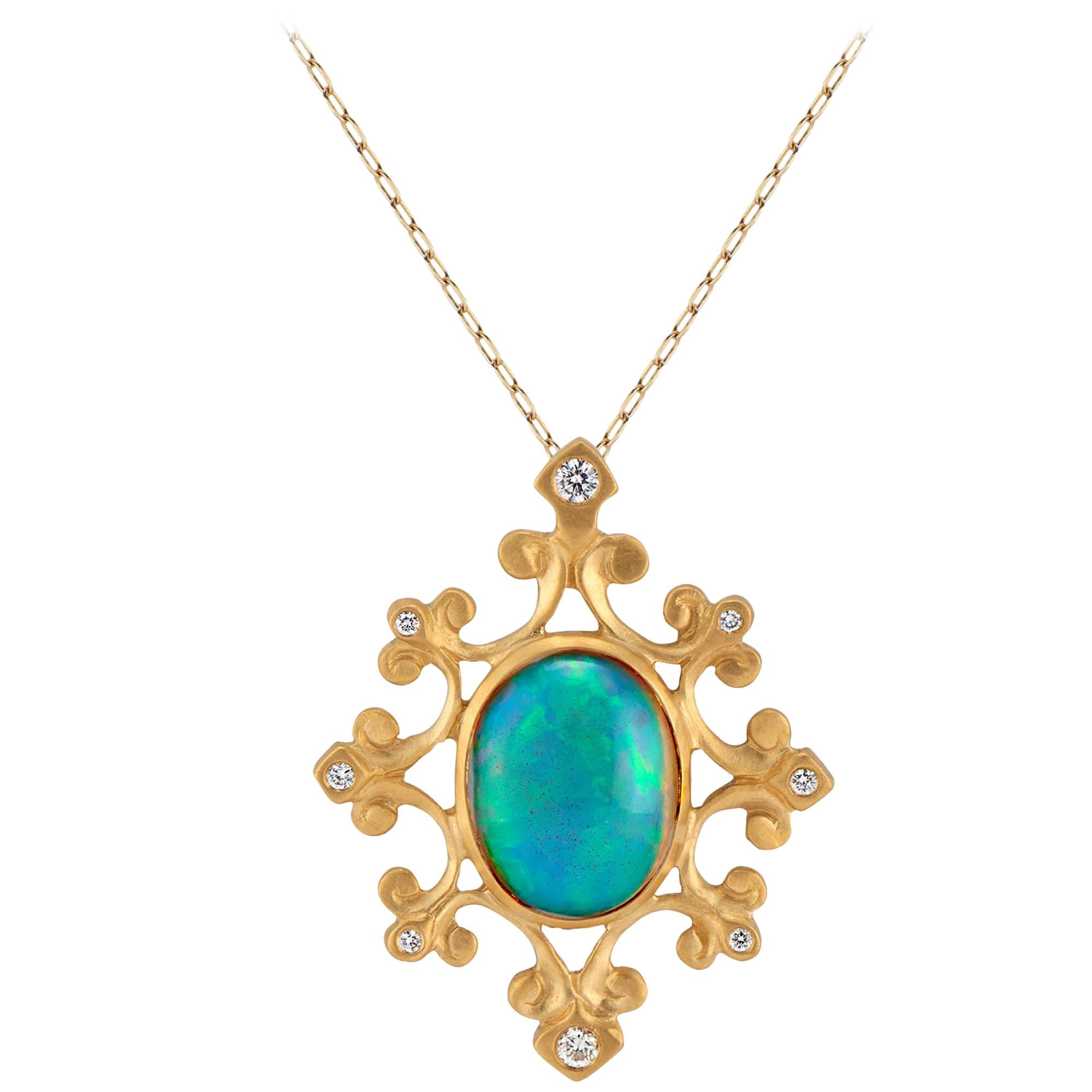 Ethiopian Opal and Diamond Gold Medallion Necklace For Sale