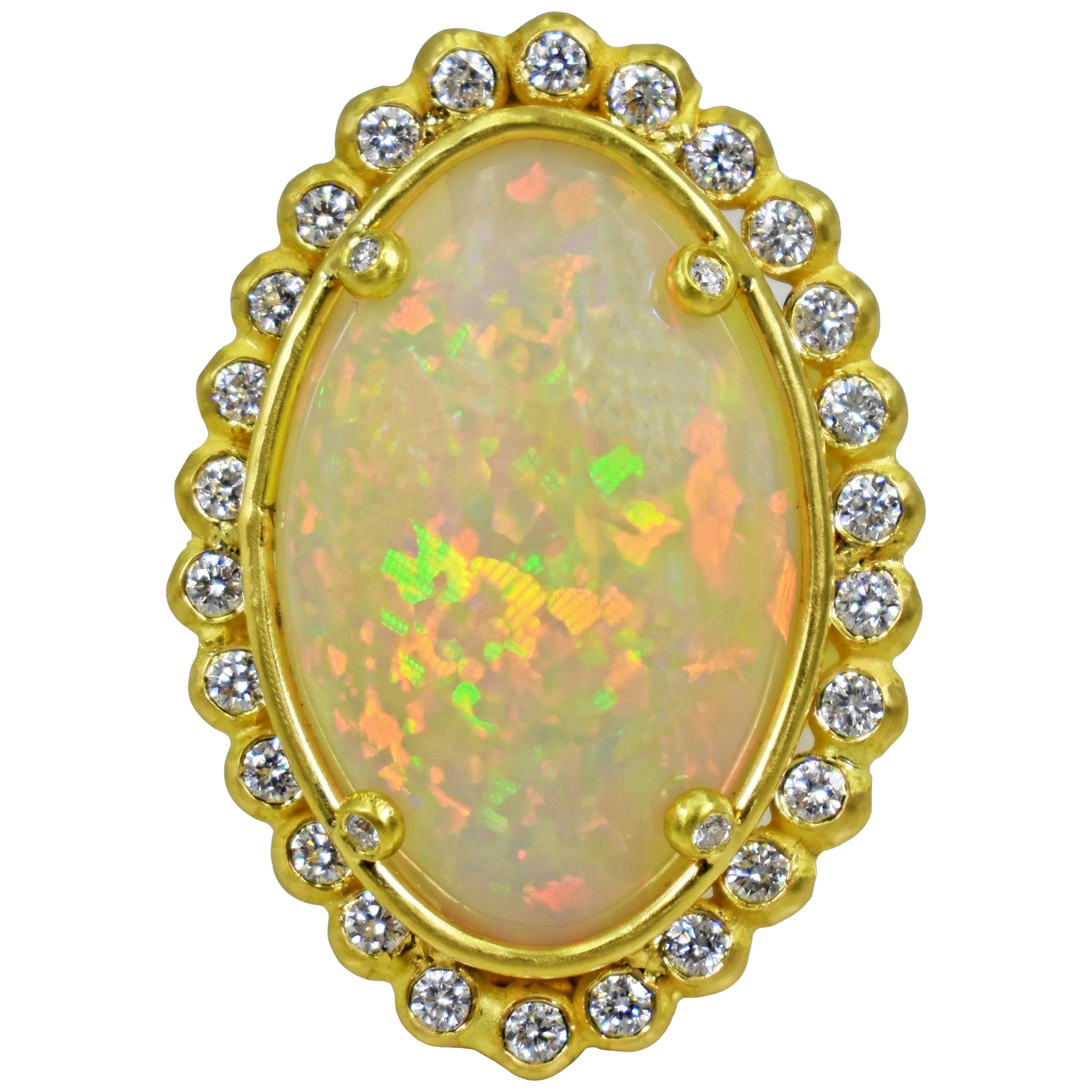 12.19 Carat Ethiopian Opal and Diamond Halo 22 Karat Gold Cocktail Ring For Sale