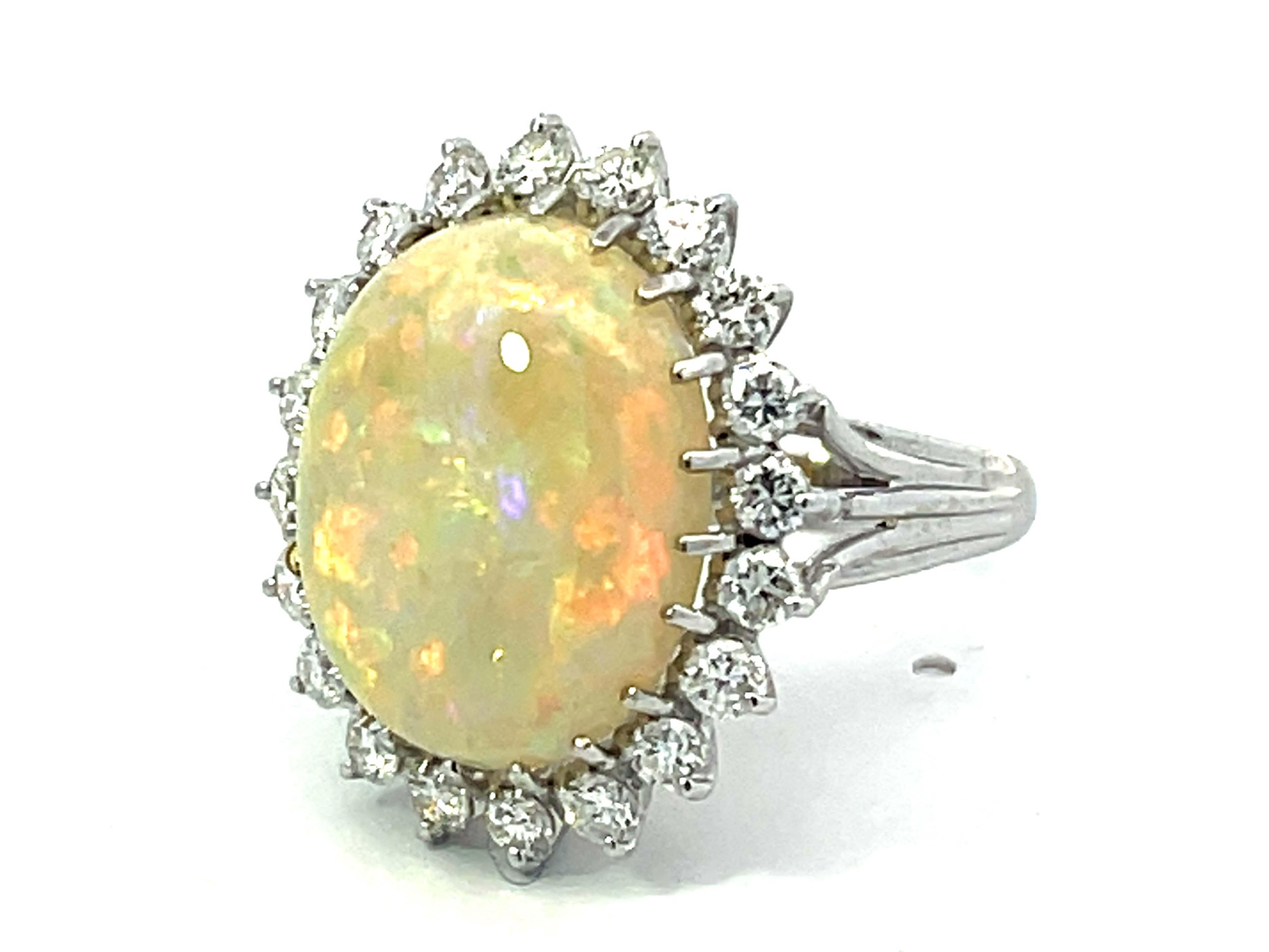 Cabochon Ethiopian Opal and Diamond Halo Ring in 14k White Gold For Sale