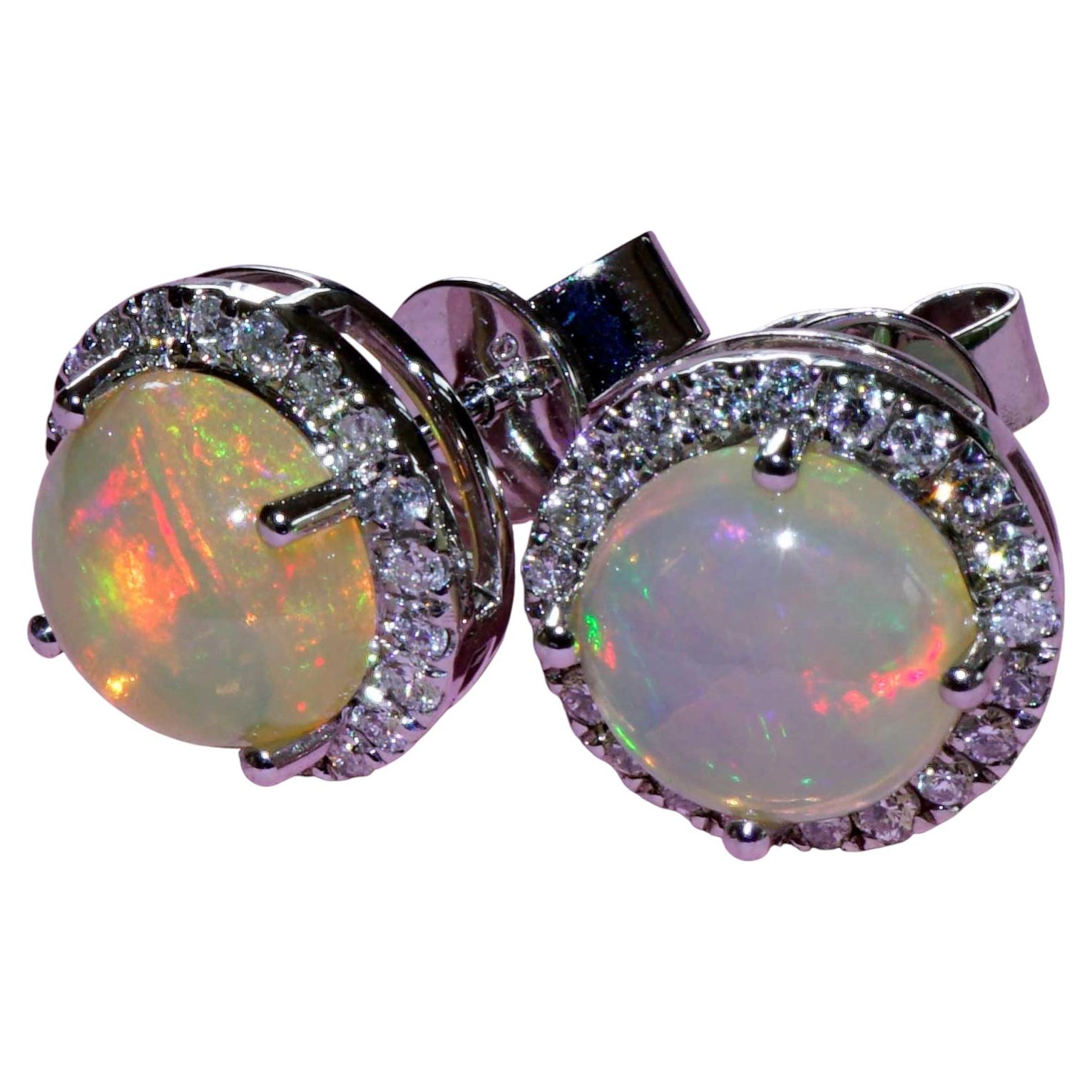Ethiopian Opal and Diamond Halo Stud Earrings in 18K White Gold