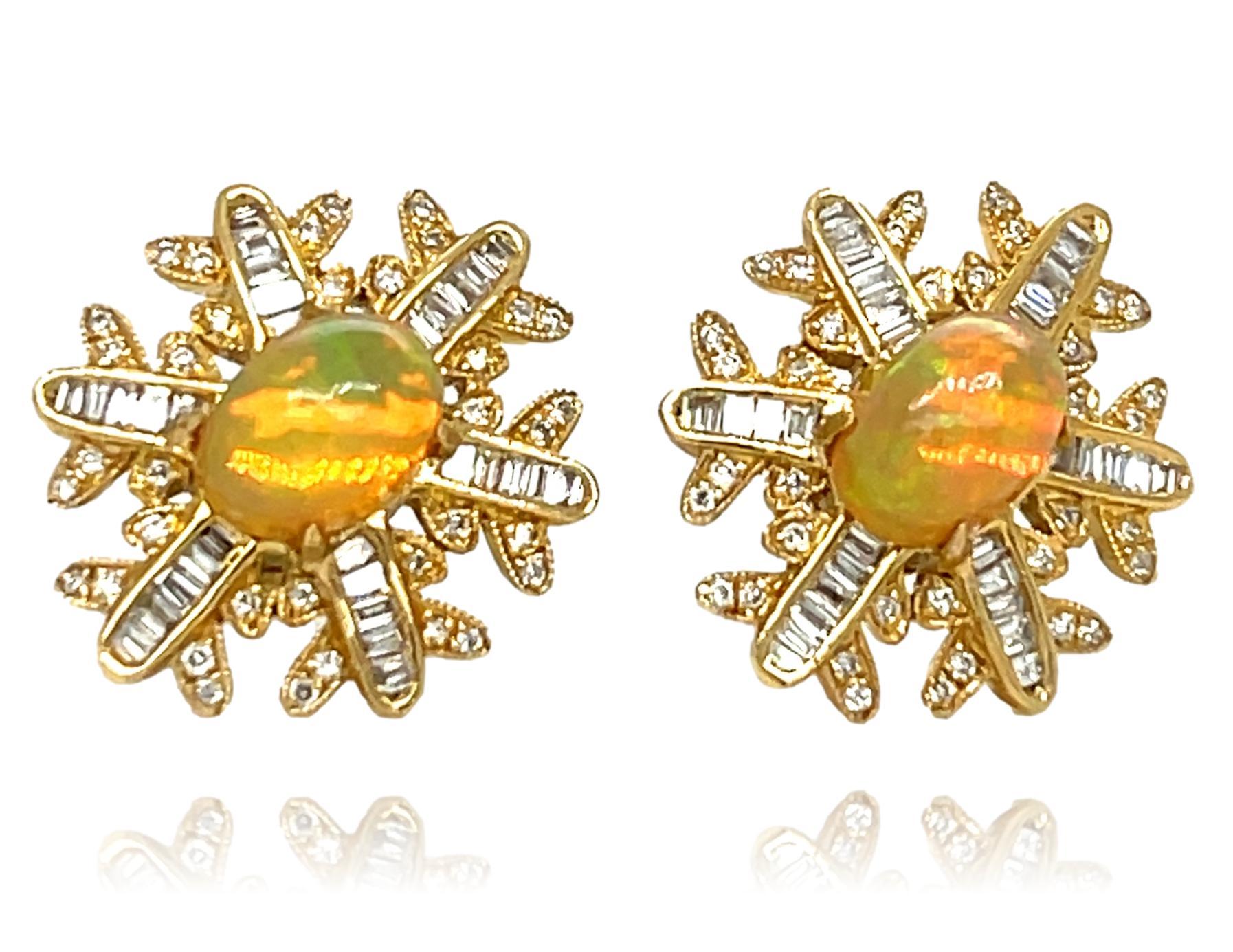Women's Ethiopian Opal and Diamond Snowflake Earrings in 14KY Gold  For Sale