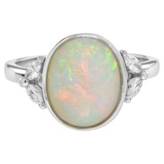Ethiopian Opal and Diamond Solitaire Ring in 14K White Gold