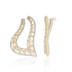Ethiopian Opal and Diamond Studded Earring in 14k Yellow Gold