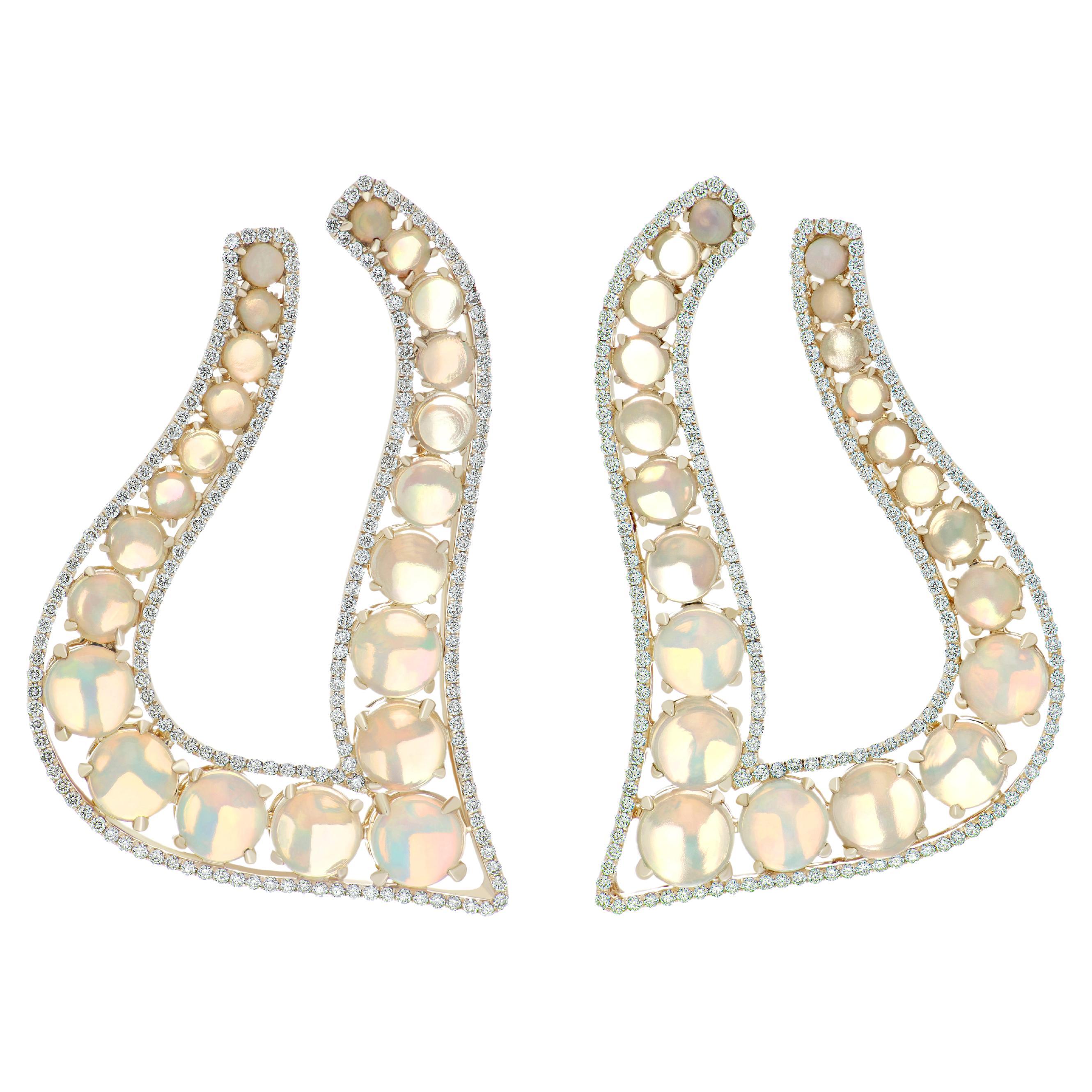Ethiopian Opal and Diamond Studded Earring in 14k Yellow Gold For Sale