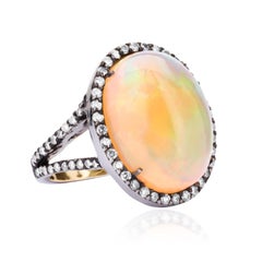 Ethiopian Opal and Diamond Victorian Split Shank Solitaire Ring
