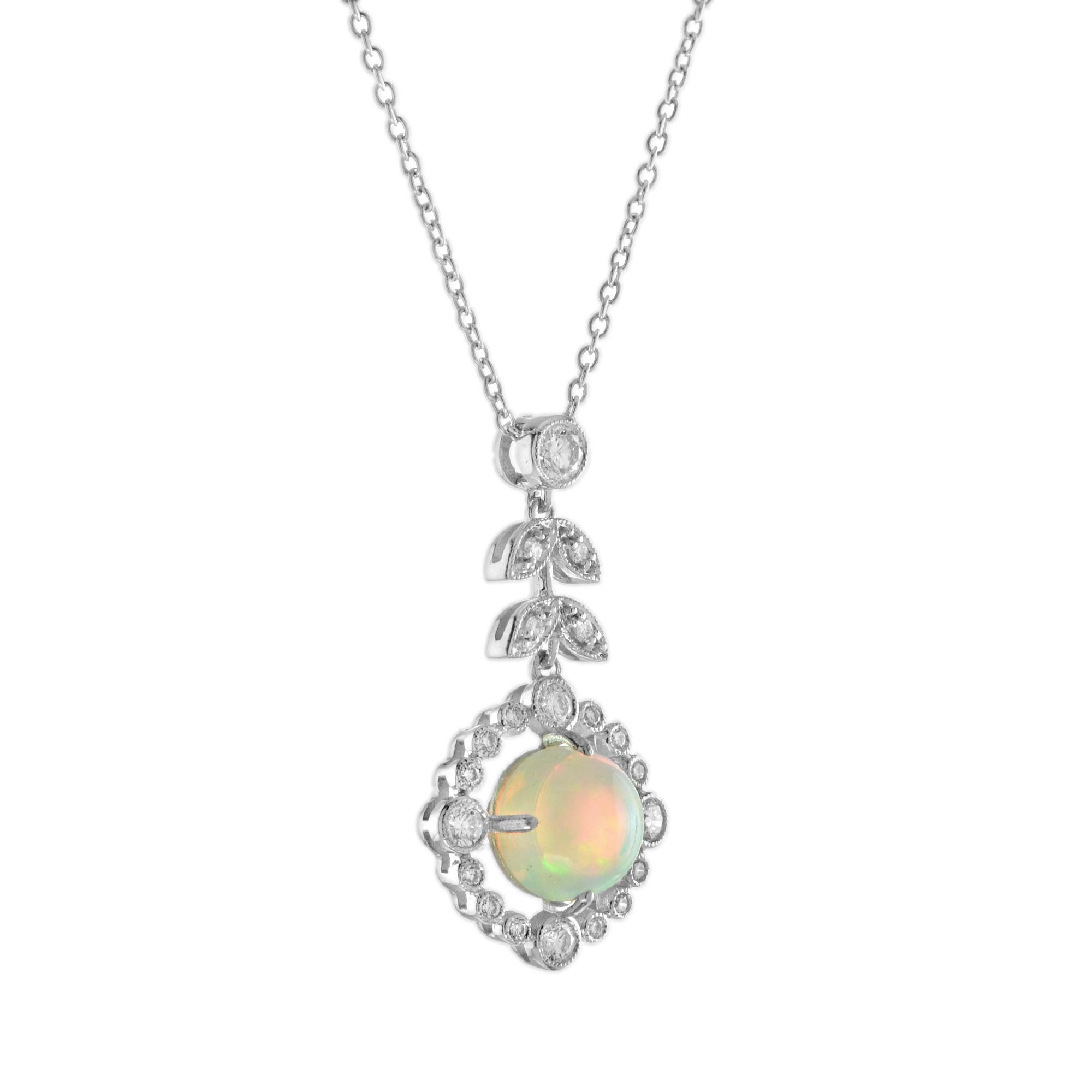 Art Deco Ethiopian Opal and Diamond Vintage Style Necklace in 18K White Gold For Sale