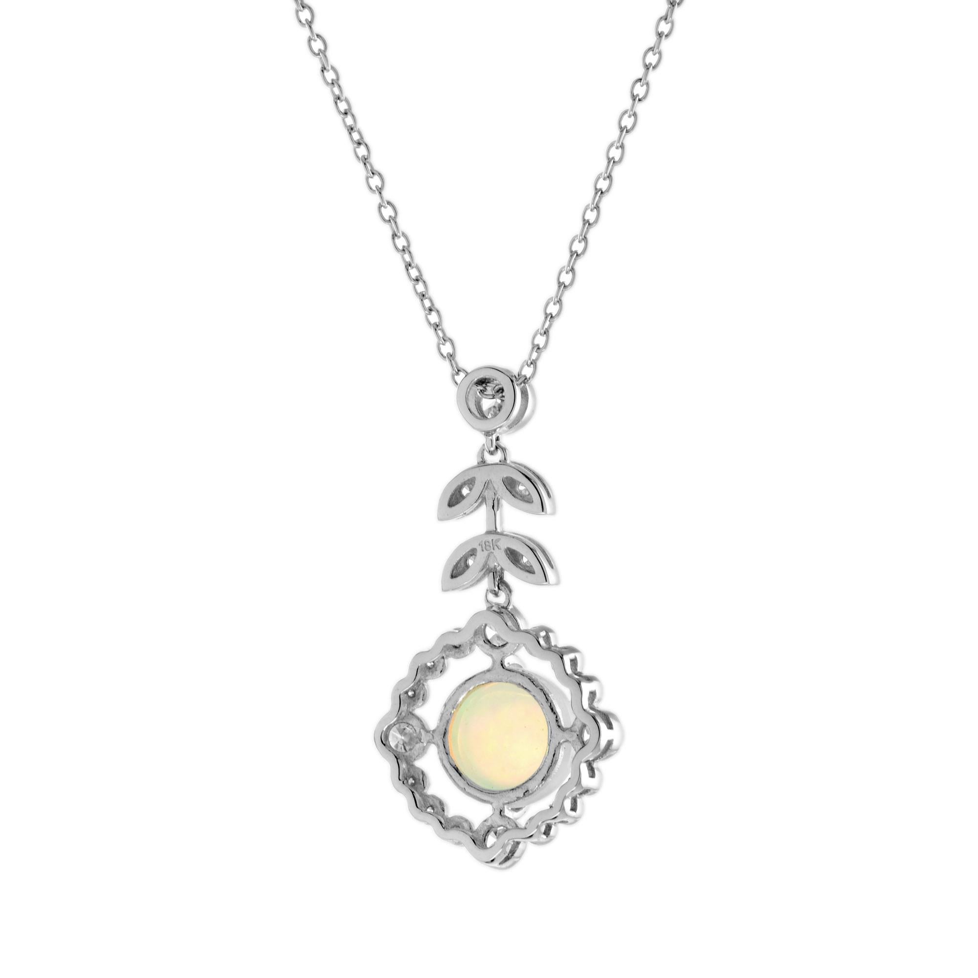 Round Cut Ethiopian Opal and Diamond Vintage Style Necklace in 18K White Gold For Sale