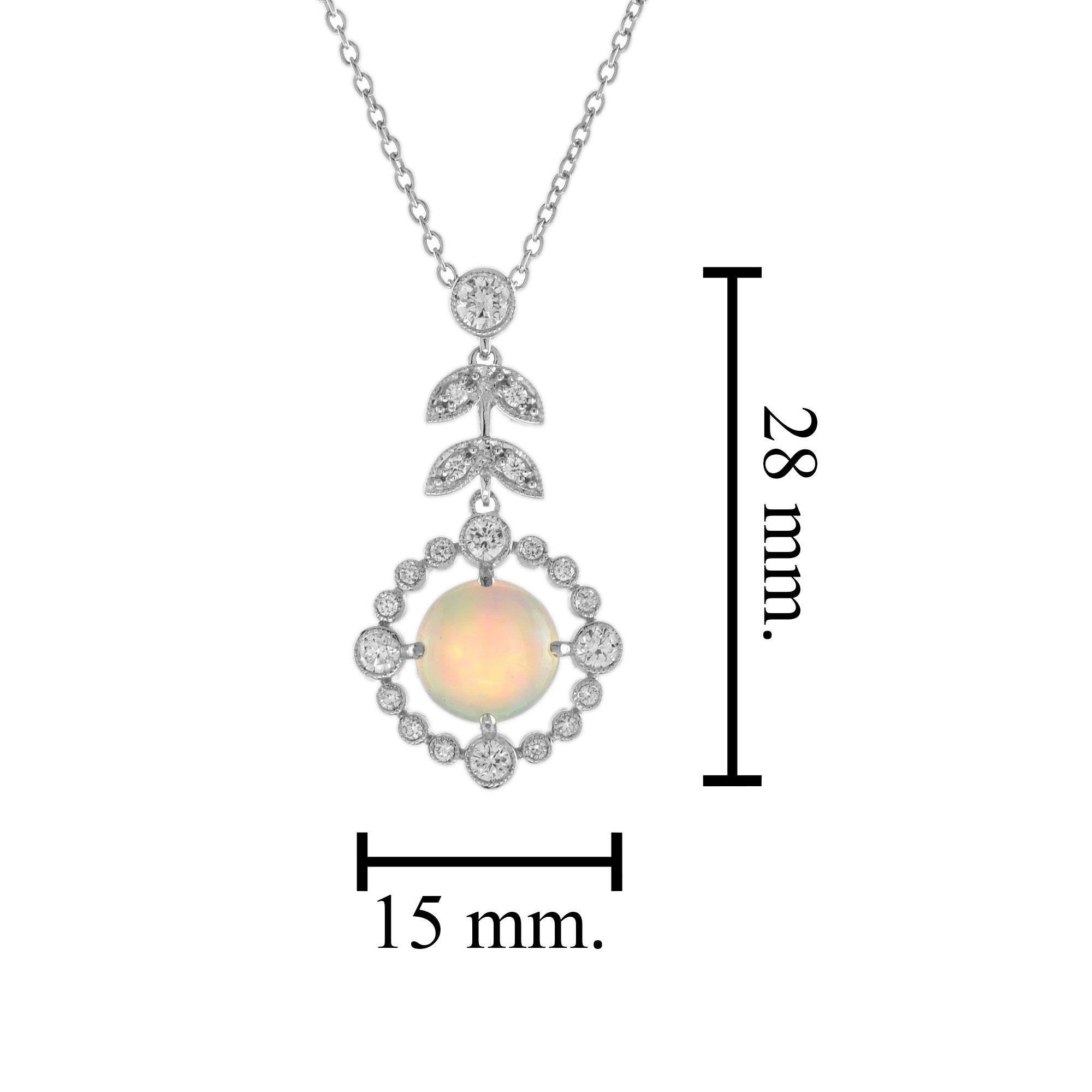 Women's Ethiopian Opal and Diamond Vintage Style Necklace in 18K White Gold For Sale