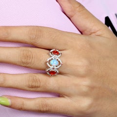 Ethiopian Opal and Fire Opal Ring 18K White Gold With Diamonds
