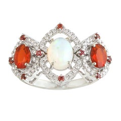 Ethiopian Opal and Fire Opal Ring 18K White Gold With Diamonds