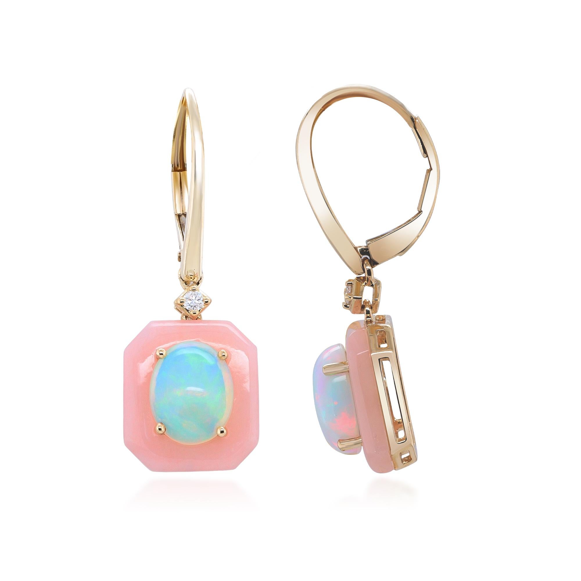 These exquisite earrings feature a stunning 1.15-carat Ethiopian opal at the center, radiating vibrant colors and captivating fire. Surrounding the opal are delicate pink opals, totaling 2.67 carats, creating a soft and harmonious halo effect. On