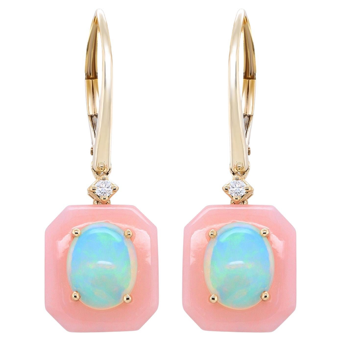 Ethiopian Opal and Pink Opal Halo Earrings with Diamond Accents For Sale