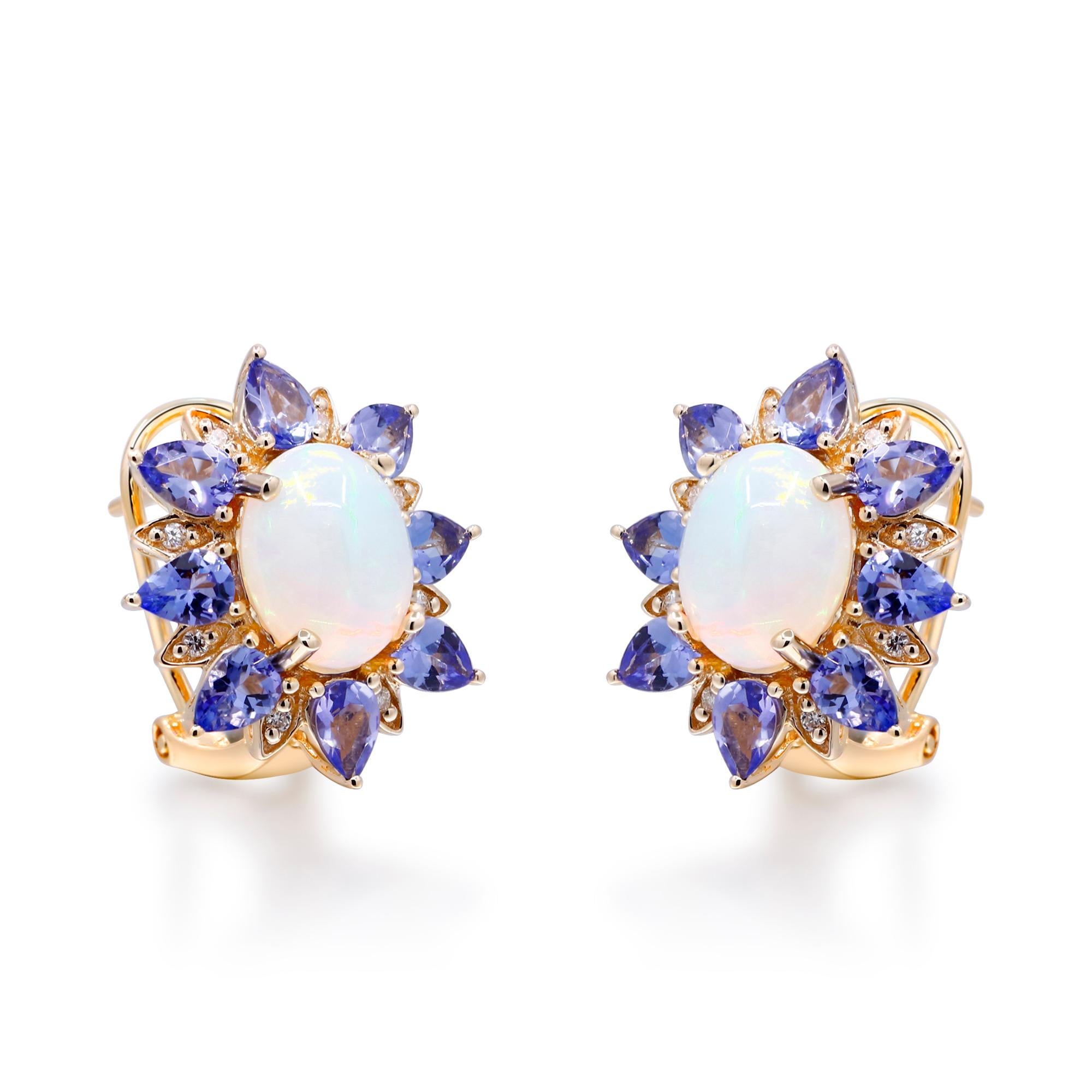 Decorate yourself in elegance with this Earring is crafted from 10-karat Yellow Gold by Gin & Grace Earring. This Earring is made up of 9x7 mm Oval - Cab (2pcs) 2.55 carat Ethiopian Opal, 3x4 mm Pear-cut Tanzanite and Round-cut White Diamond (16