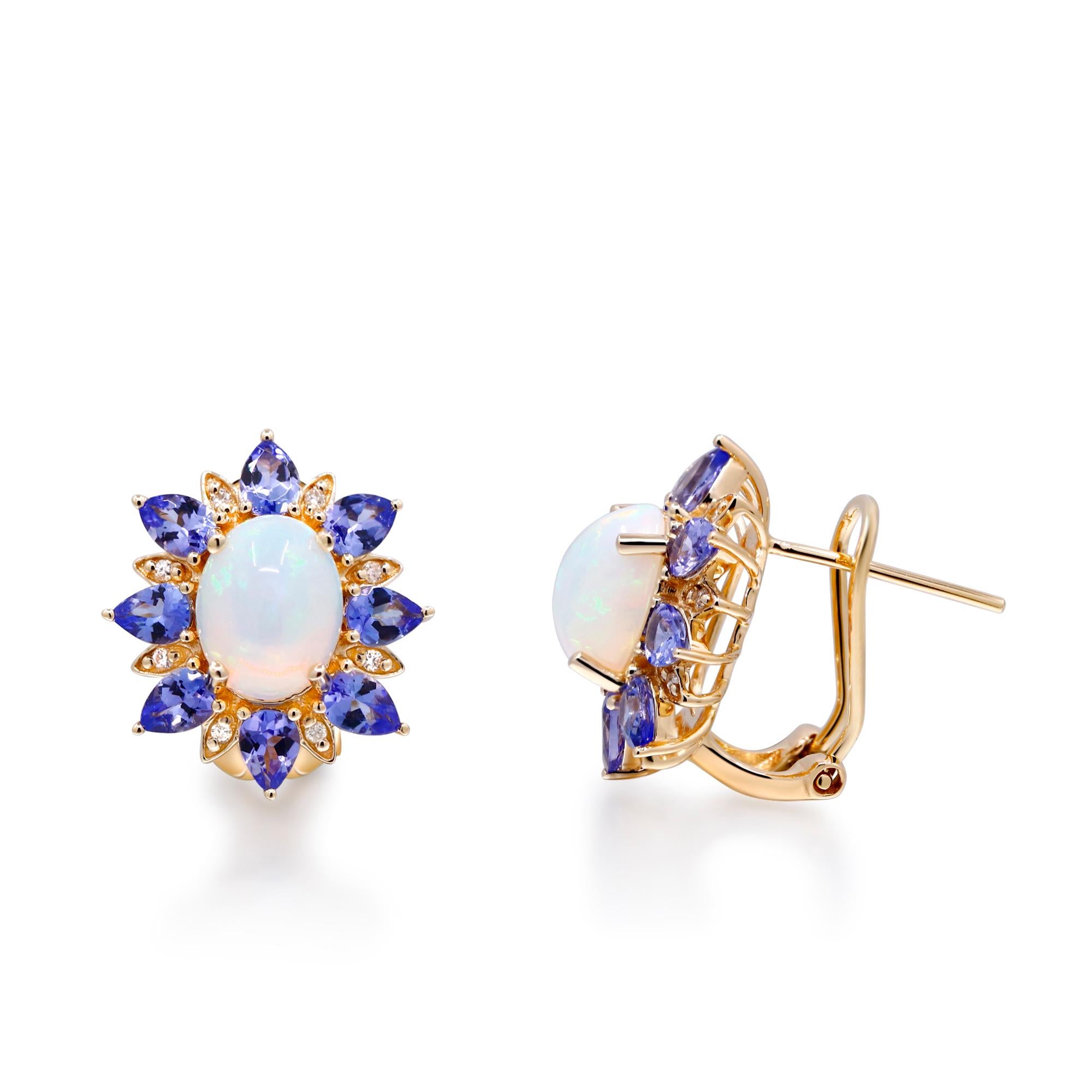 Art Deco  Ethiopian Opal and Tanzanite With Diamond accents 10K Yellow Gold Earring. For Sale