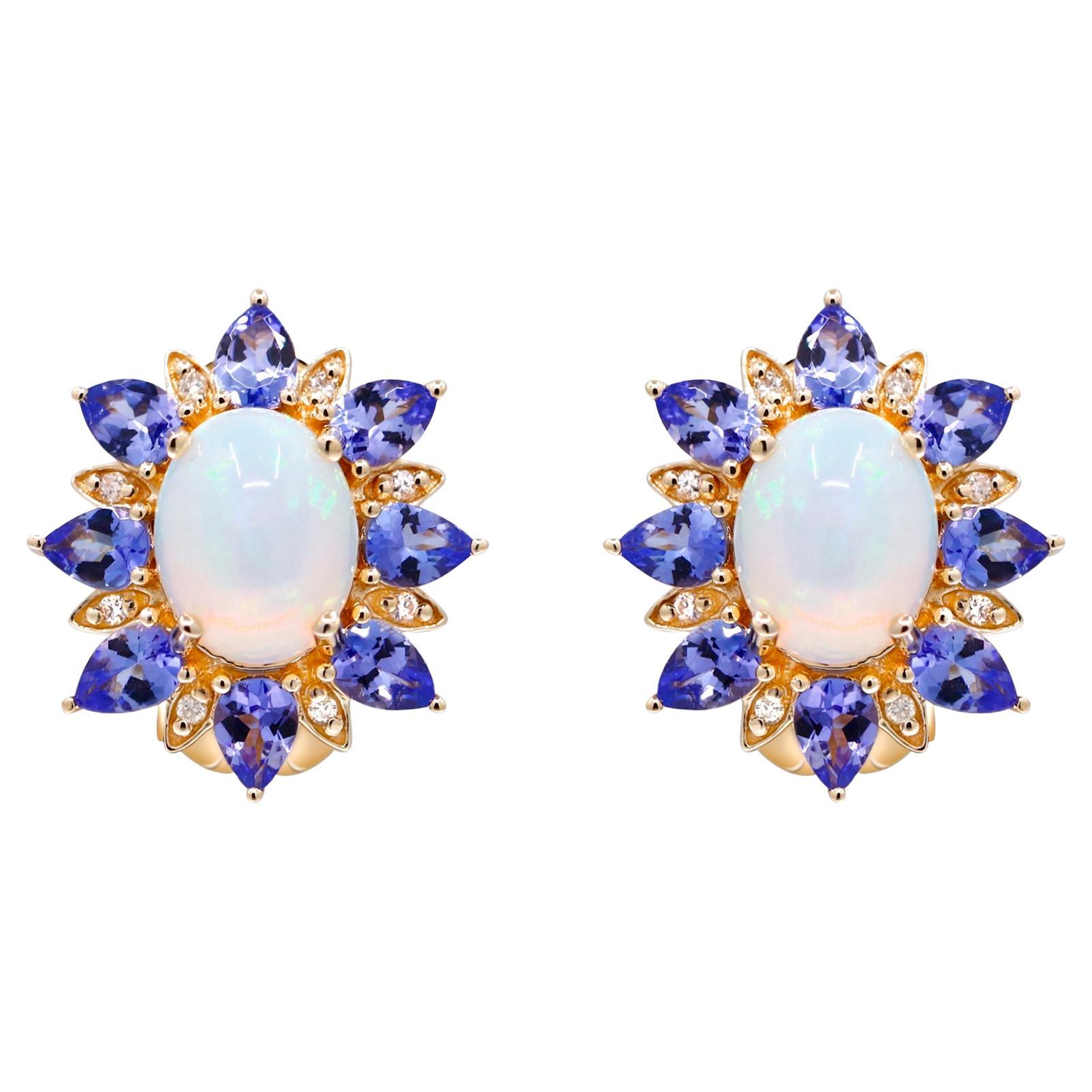  Ethiopian Opal and Tanzanite With Diamond accents 10K Yellow Gold Earring.