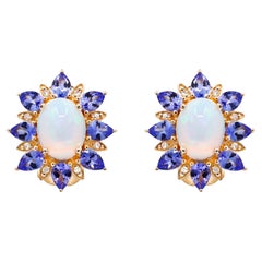  Ethiopian Opal and Tanzanite With Diamond accents 10K Yellow Gold Earring.