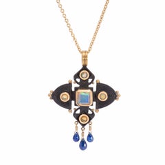 Ethiopian Opal Ashanti Cross Pendant in Oxidized Sterling and 22 Karat Gold