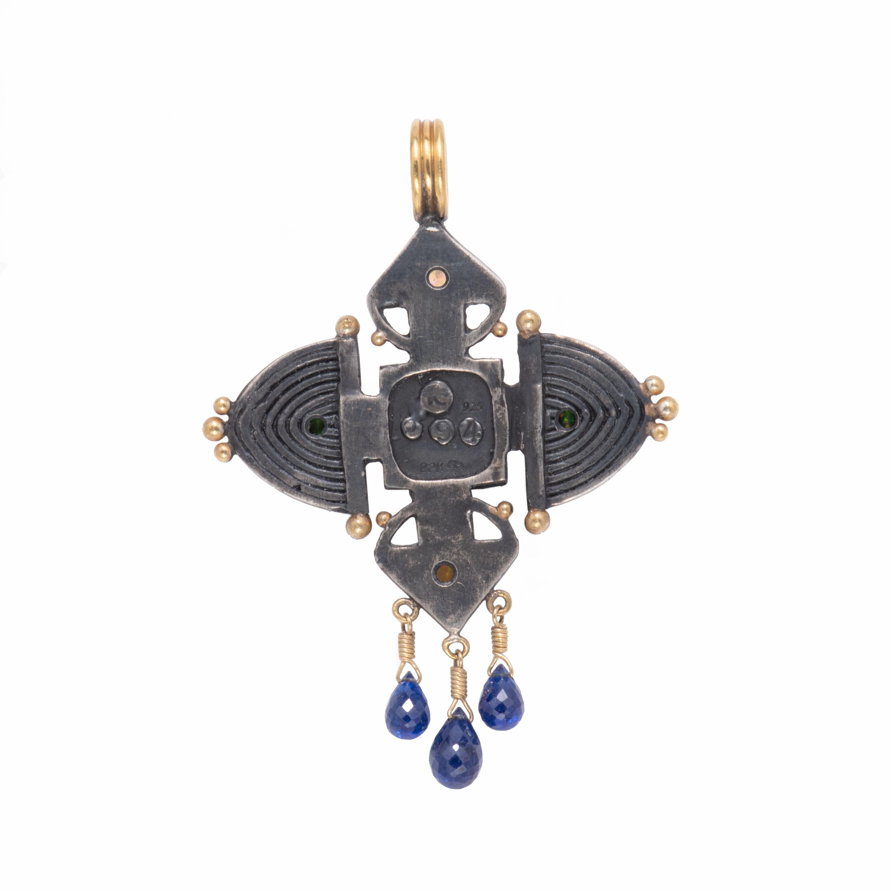 Women's or Men's Ethiopian Opal Ashanti Cross Pendant in Oxidized Sterling and 22 Karat Gold For Sale