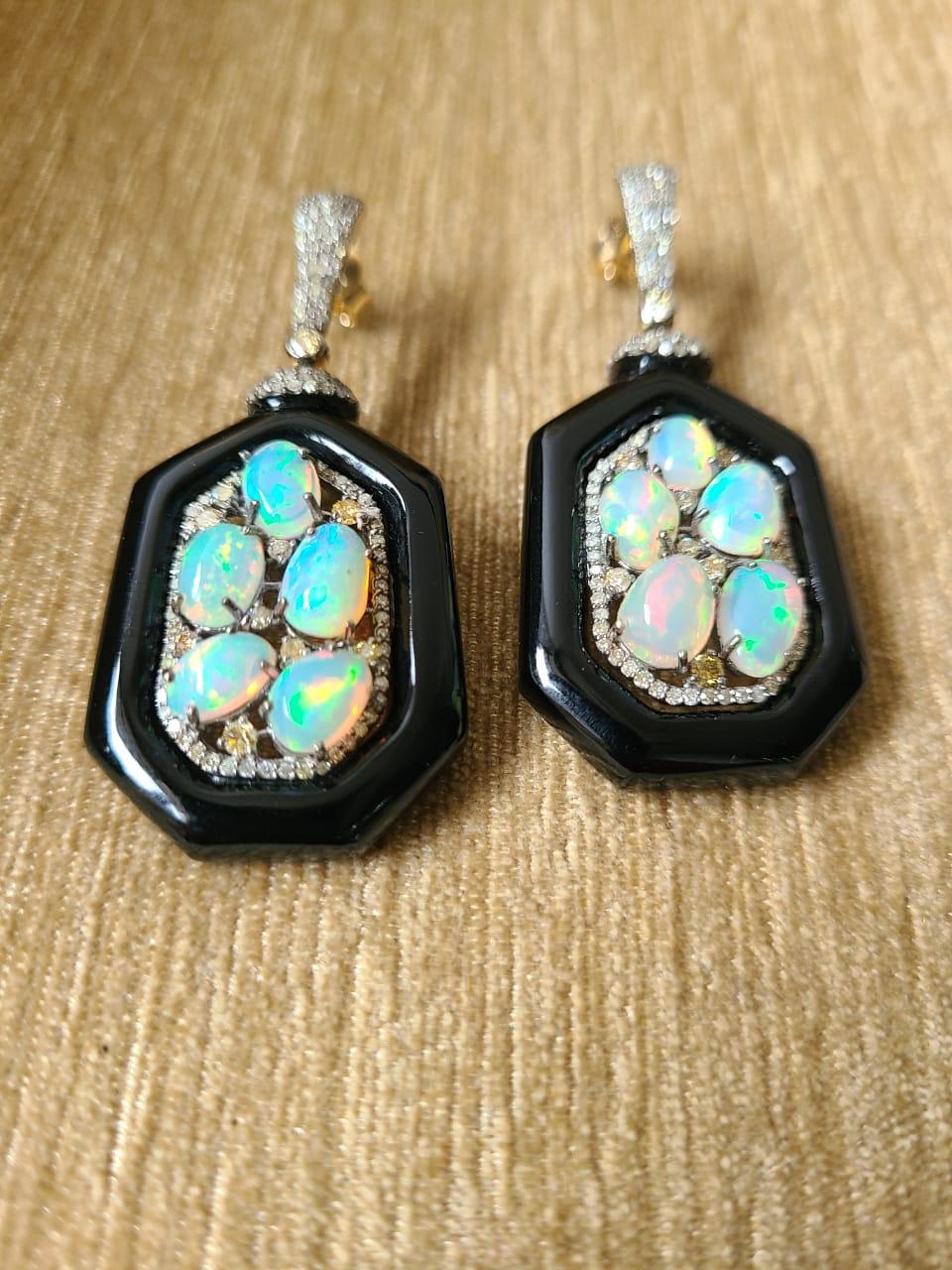 Ethiopian Opal & Black Onyx Victorian Dandle Earrings Set in 14K Gold & Silver For Sale 2
