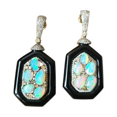 Viktorianische äthiopische Ohrringe aus 14 Karat Gold und Silber mit äthiopischem Opal und schwarzem Onyx
