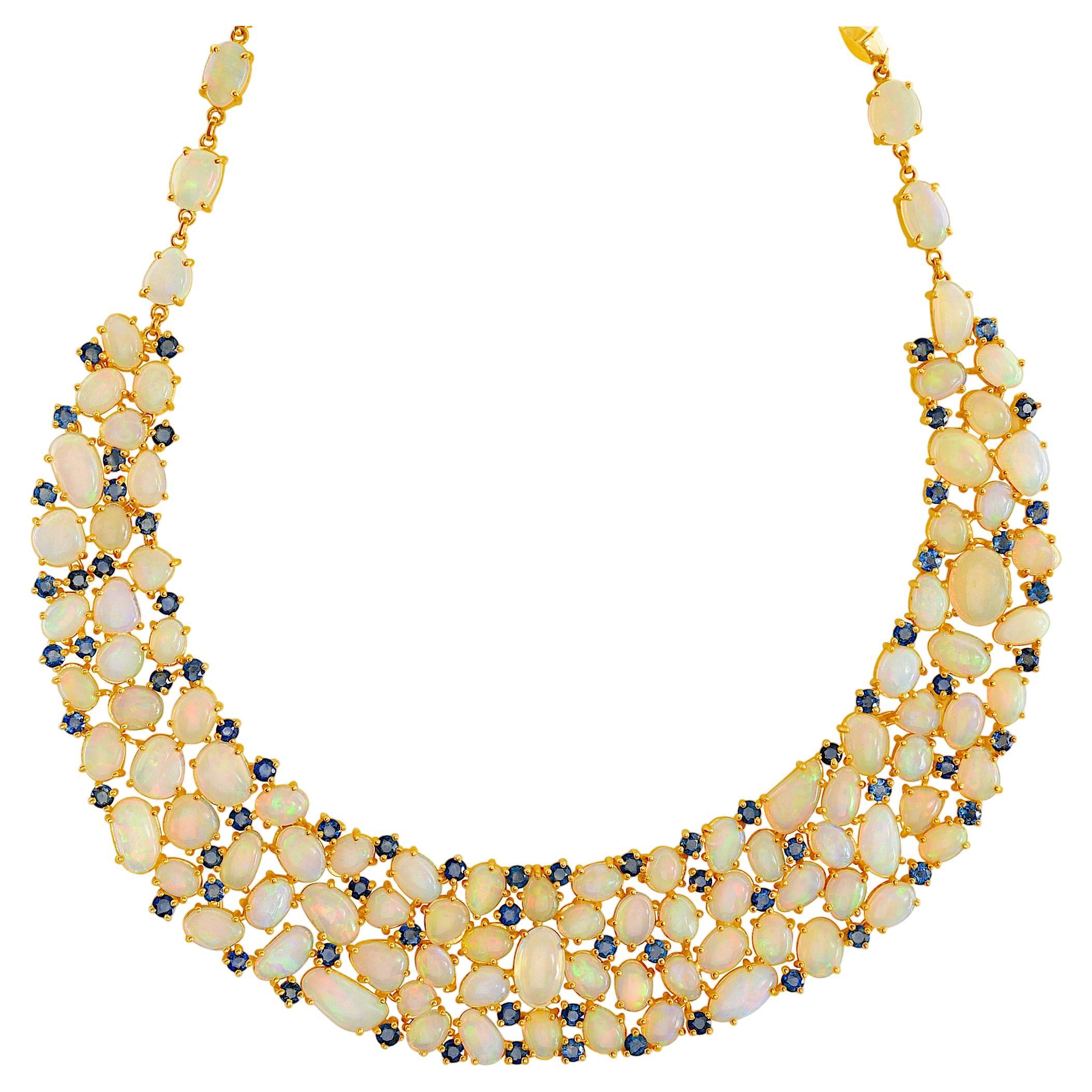 Ethiopian Opal & Blue Sapphire Necklace In 18K Yellow Gold For Sale