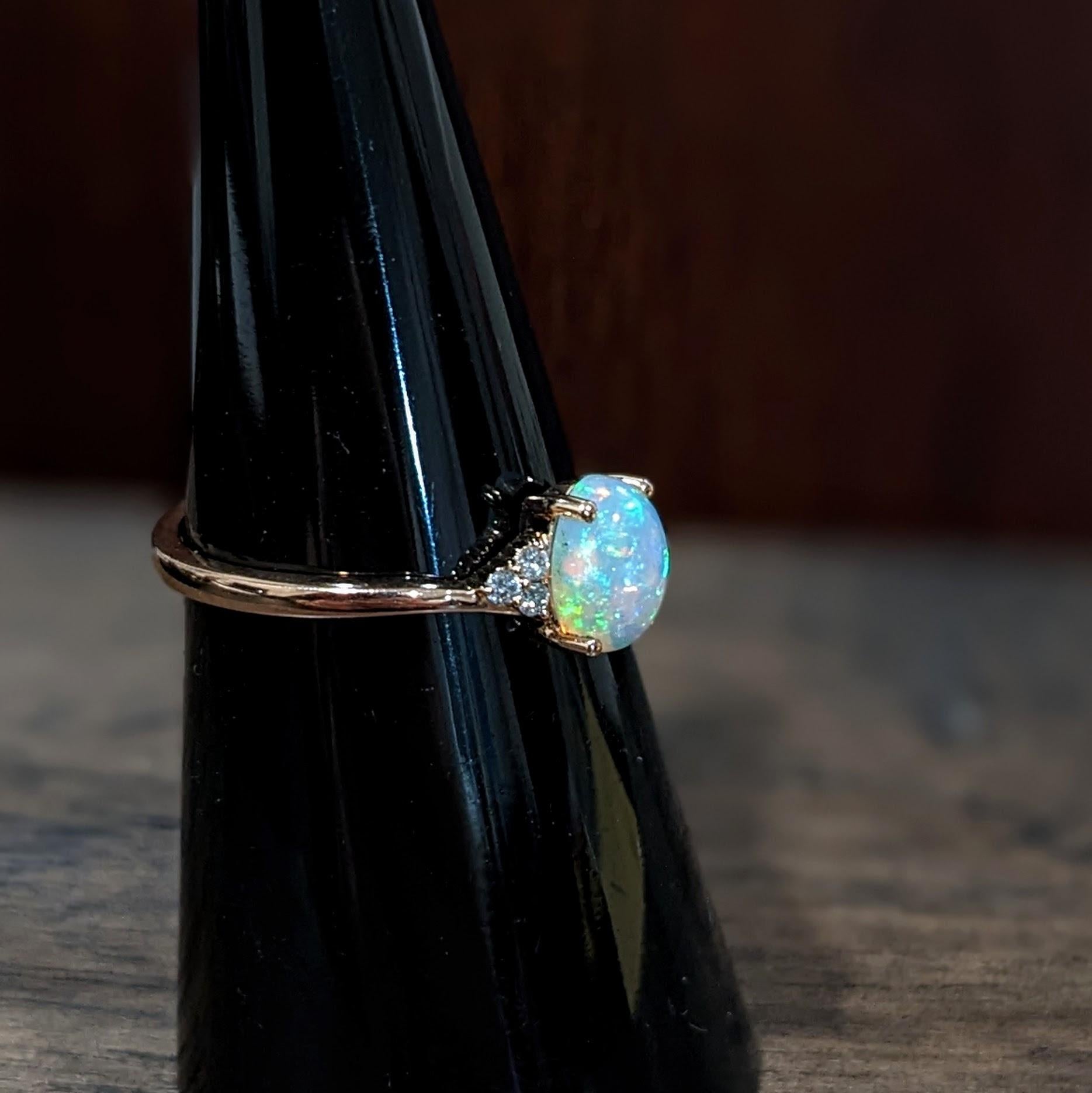 Oval Cut Ethiopian Opal Bypass Ring w Diamond Accents in Solid 14k Yellow Gold Oval 7x5mm For Sale