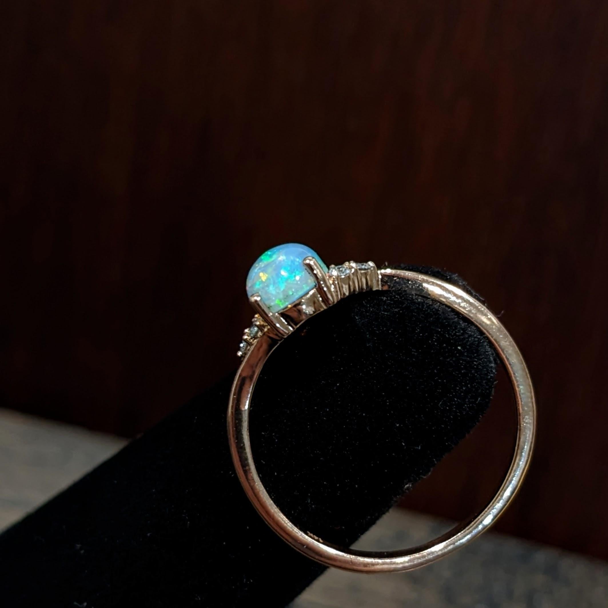 Ethiopian Opal Bypass Ring w Diamond Accents in Solid 14k Yellow Gold Oval 7x5mm In New Condition In Columbus, OH