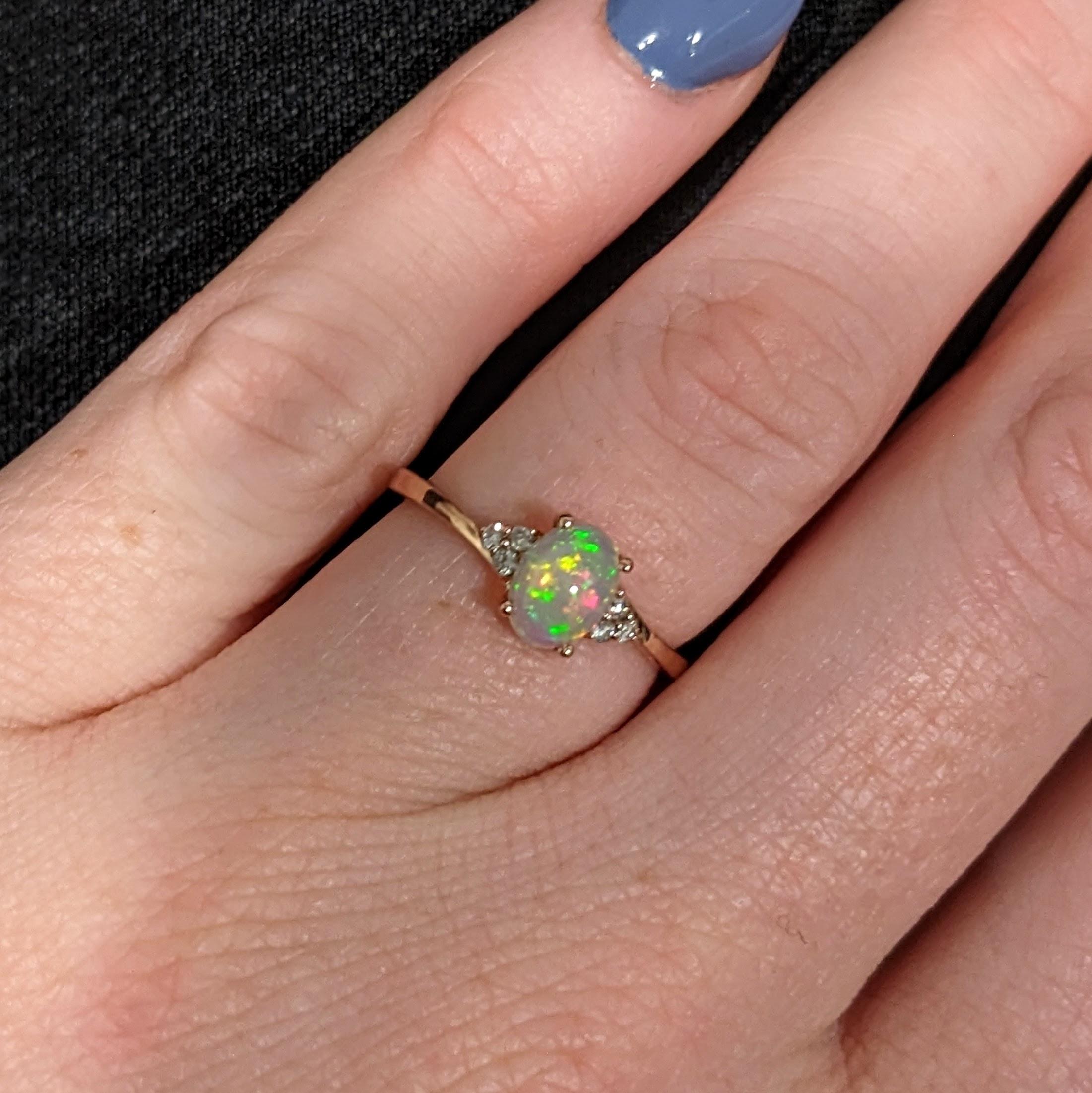 Women's Ethiopian Opal Bypass Ring w Diamond Accents in Solid 14k Yellow Gold Oval 7x5mm For Sale