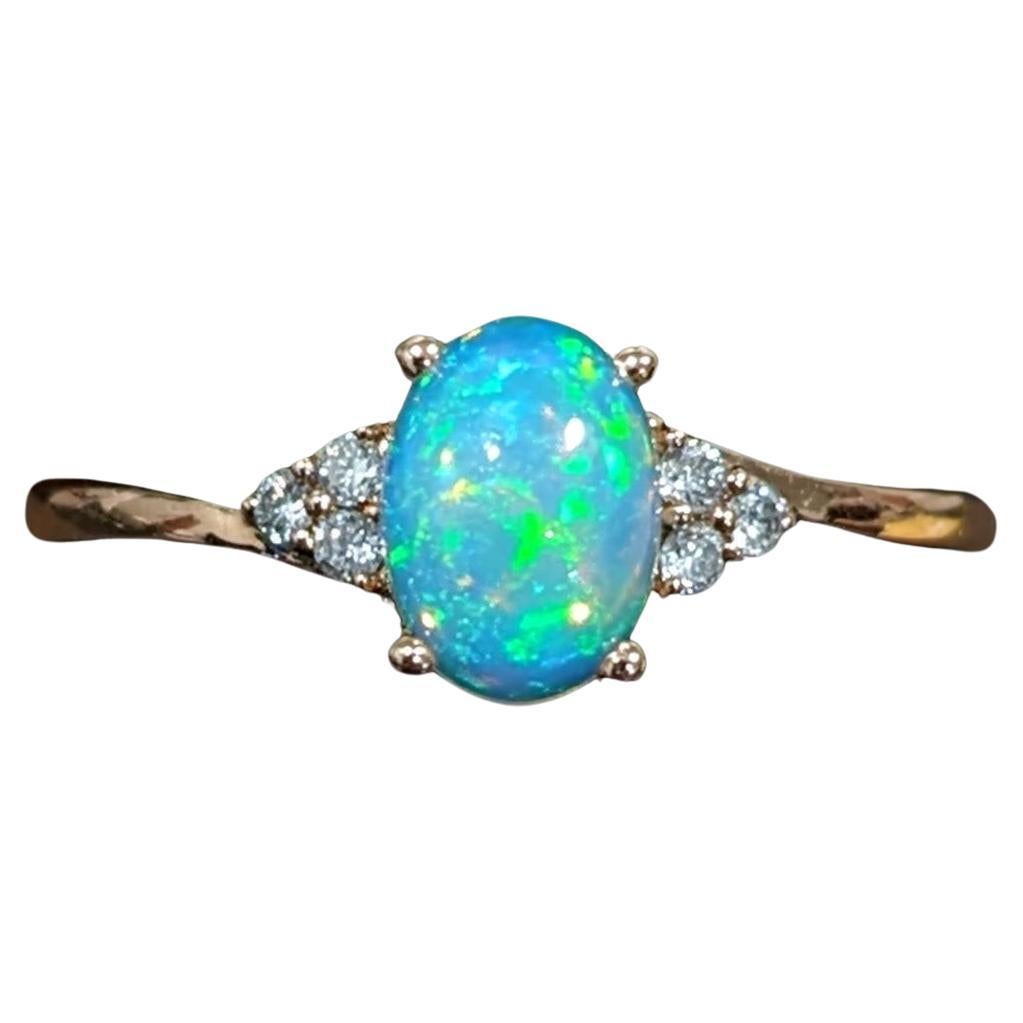 Ethiopian Opal Bypass Ring w Diamond Accents in Solid 14k Yellow Gold Oval 7x5mm For Sale