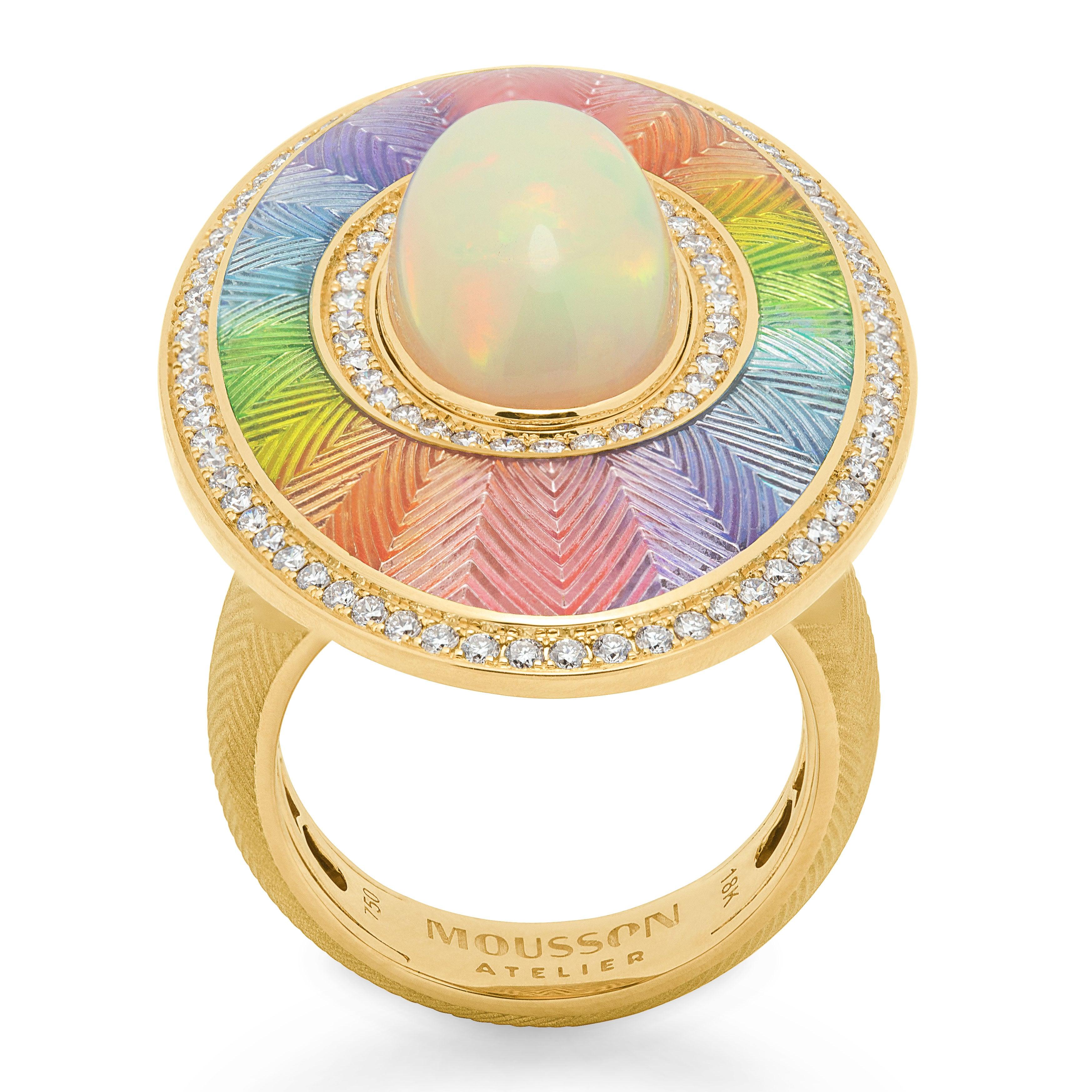 For Sale:  Ethiopian Opal Cabochon 5.22 Carat Diamonds 18 Karat Yellow Gold Enamel Ring 2