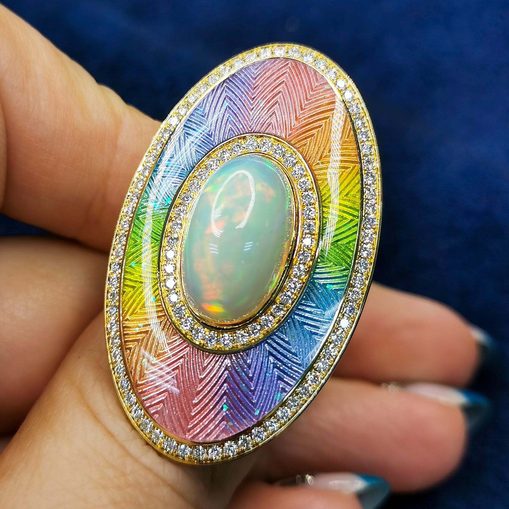 For Sale:  Ethiopian Opal Cabochon 5.22 Carat Diamonds 18 Karat Yellow Gold Enamel Ring 4